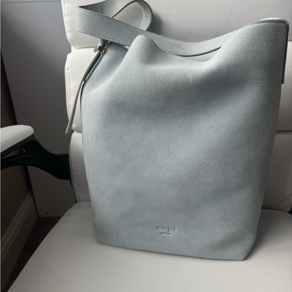 margot Light Blue Suede Shoulder Bucket Bag